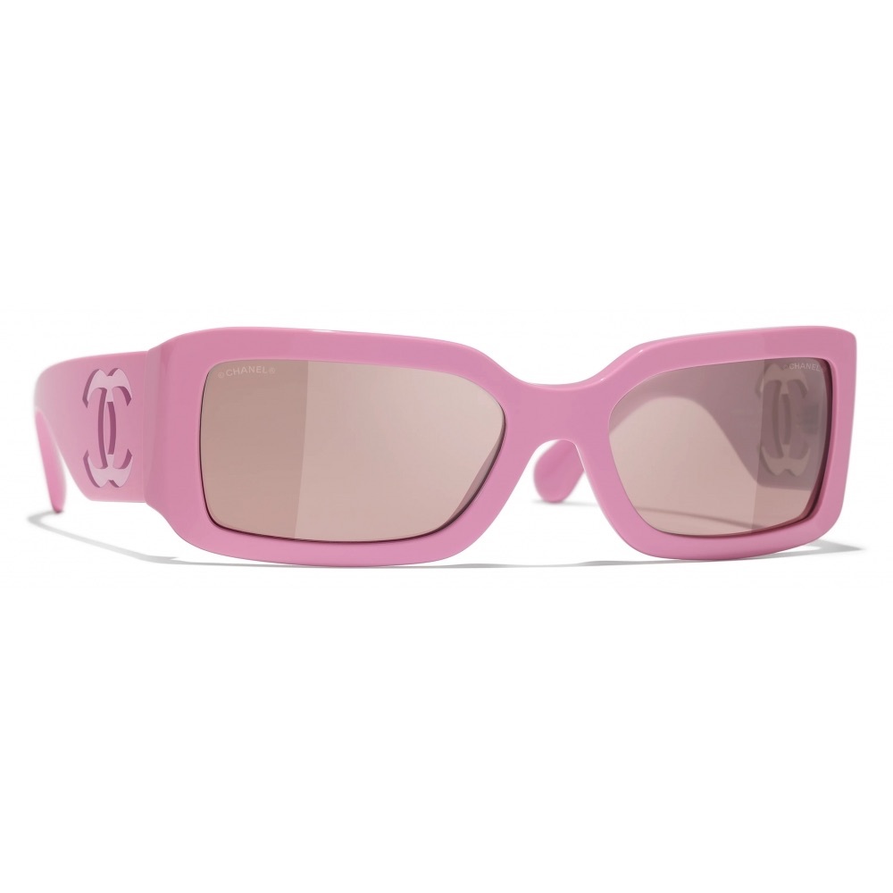 CHANEL Pink Rectangular Sunglasses with CC Cutout Temples